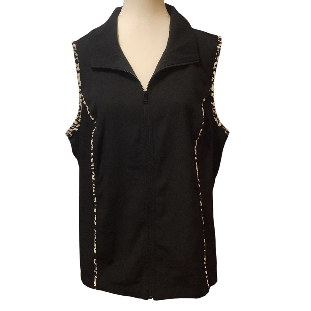 CJ BANKS BLACK WITH LEOPARD PRINT TRIM ZIP-UP SLEEVELESS VEST/ Size 1X - Picture 2 of 11